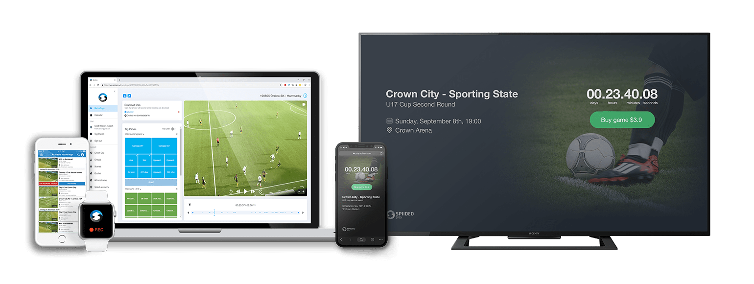 iPad, TV and iPhone showing Spiideo's Platform