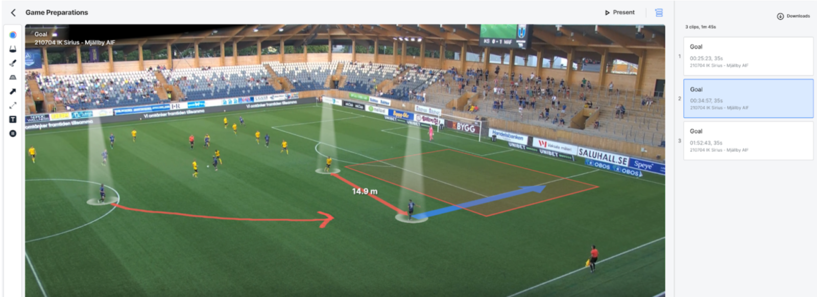 Soccer game with drawings for performance analysis.